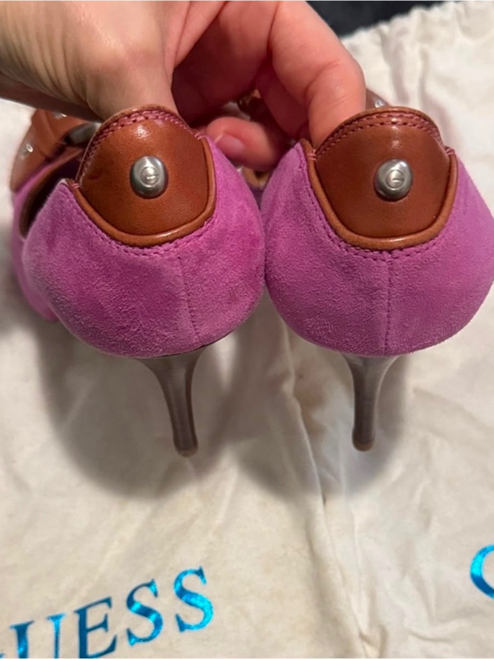 GUESS Pink Suede Peep-Toe Heels with Brown Trim & Buckle - Picture 6 of 7